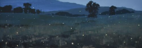 Michael Allen, Fireflies, 2023, oil on linen mounted to panel, 12.5 x 36 inches - SOLD -