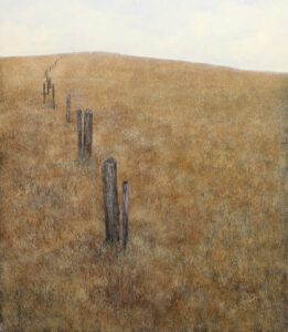 Francis DiFronzo, Fenceline, 2023, Oil over watercolor and gouache on panel, 22 x 19 inches