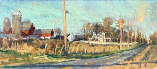 Michael Doyle, Kirk's Farm, 2023, Oil on board, 6 x 12 ½ inches