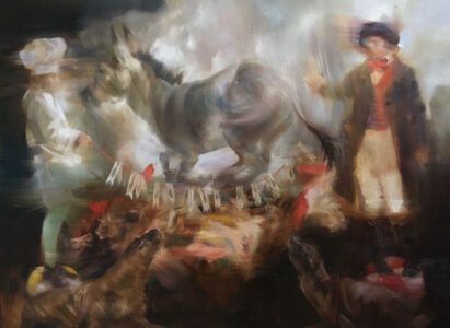 Sarah McRae Morton, The Fifth Horse’s Fable From Benjamin’s West Stable Over Benjamin’s East Table (Pin the Tale) (SOLD), 2023, Oil on canvas, 30 x 40 inches