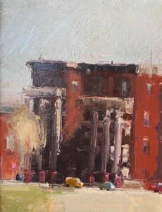 Stuart Shils, Apartment Houses on 33rd Street, Strawberry Mansion, 1998, Oil on paper mounted on museum board, 12 x 9 ¼ inches