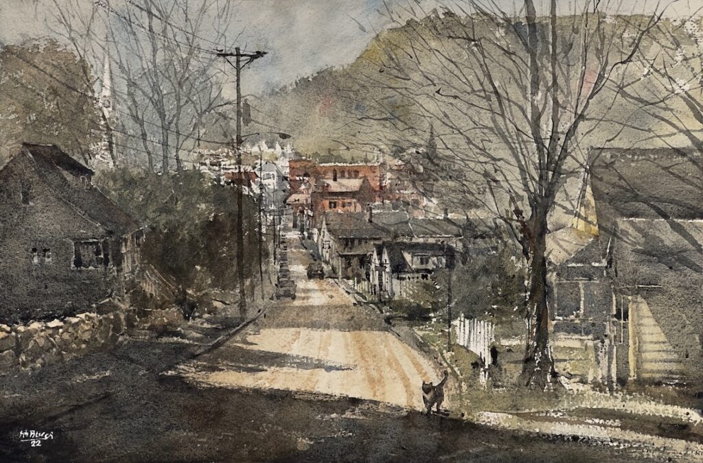 Thomas Bucci, A Cat Crosses Bay View Street, Watercolor, 14 x 21 inches - SOLD -