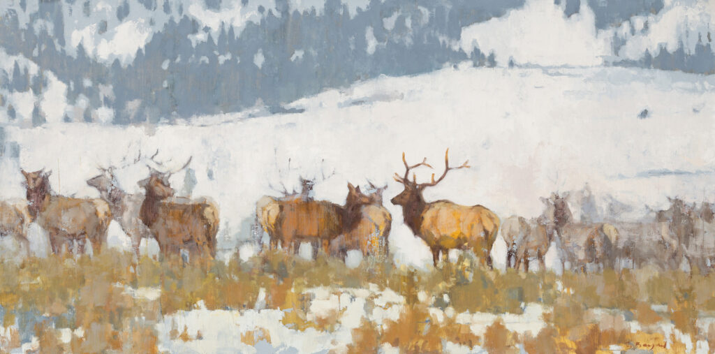 Chula Beauregard AIS, Winter Gathering, Winter Gathering, Oil on linen panel, 18 x 36 inches - SOLD -