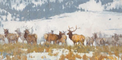 Chula Beauregard AIS, Winter Gathering, Winter Gathering, Oil on linen panel, 18 x 36 inches - SOLD -