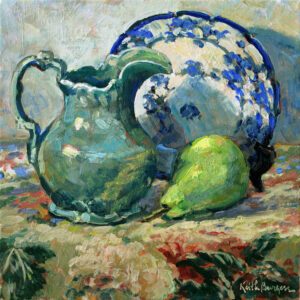 Keith Burgess, Pitcher Plate and Pear, Oil on linen, 10 x 10 inches, $850