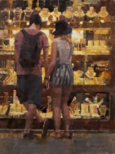 James Crandall AIS, Young Couple at Jewelry Store Window, Oil on canvas panel, 16 x 12 inches - SOLD -
