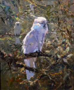 John Cook AIS, Cockatoo or Three, Oil on panel, 18 3/4 x 15 1/4 inches, $5,200