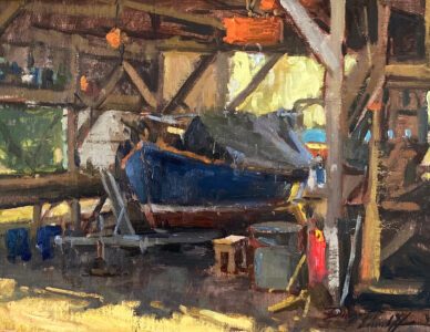 Katie Dobson Cundiff AIS, Spanish Point Boat Shed, Oil on panel, 14 x 18 inches, $1,650