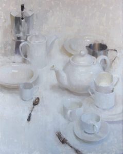 [Third Place Winner] Ashley Glazier, Breakfast Service, Oil on panel, 30 x 24 inches - SOLD -
