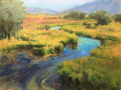 Joyce Hester, Meandering Sky, Oil on linen panel, 12 x 16 inches, $775