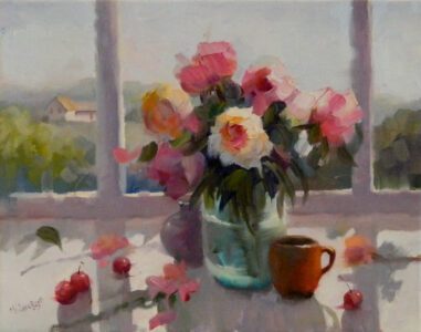 Maryanne Jacobsen, Petals and Coffee, Oil on linen, 14 x 11 inches, $1,400