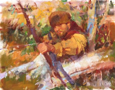 Deanne Lemley, Taking Aim, Oil on panel, 11 x 14 inches, $1,500