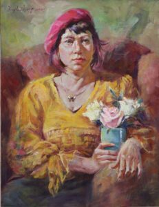 Linghui Wang, Holding the Roses, Oil on board, 16 x 12 inches, $2,300