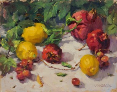 Karen Werner AIS, Lemons & Pomegranates, Oil on panel, 11 x 14 inches, $1,300