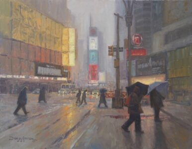 Debra Joy Groesser AIS, March Rain, Times Square, Oil on linen panel, 14 x 18 inches, $1,900
