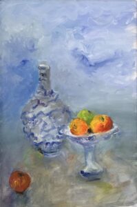 Mary Page Evans, Blue Willow Compote, Oil on canvas, 36 x 24 inches