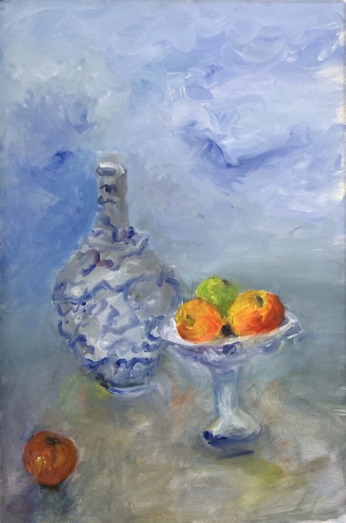 Mary Page Evans, Blue Willow Compote, Oil on canvas, 36 x 24 inches