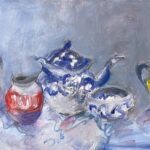 Mary Page Evans, Tea Set, Oil on canvas, 15 x 30 inches