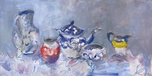 Mary Page Evans, Tea Set, Oil on canvas, 15 x 30 inches