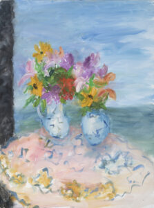 Mary Page Evans, Sunflowers by the Sea, Oil on canvas, 41 x 31 inches