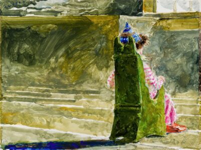 Jamie Wyeth, Child Chair, 2023, Combined mediums on toned board, 18 x 24 inches