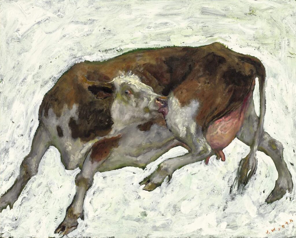 Jamie Wyeth, Farm Work, 2016, Acrylic and gouache on heavy paper, 32 ¼ x 40 inches