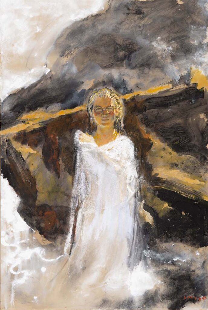 Jamie Wyeth, Sophomore at Bowdoin, Study #7, 2018, Gesso, pastel, and watercolor on toned paper board, 30 x 20 inches