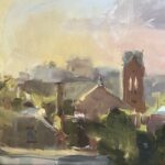 Christine Lafuente, Late Summer, Rooftops and Steeple, 2004, Oil on canvas, 16 x 20 inches