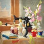 Christine Lafuente, Singer, Snapdragons and Book, 2000, Oil on canvas board, 12 ½ x 11 ¾ inches