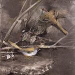 Jane Morris Pack, Two Birds in the Brush, 2023, Mixed media on paper, 17 1/3 x 12 1/4 inches