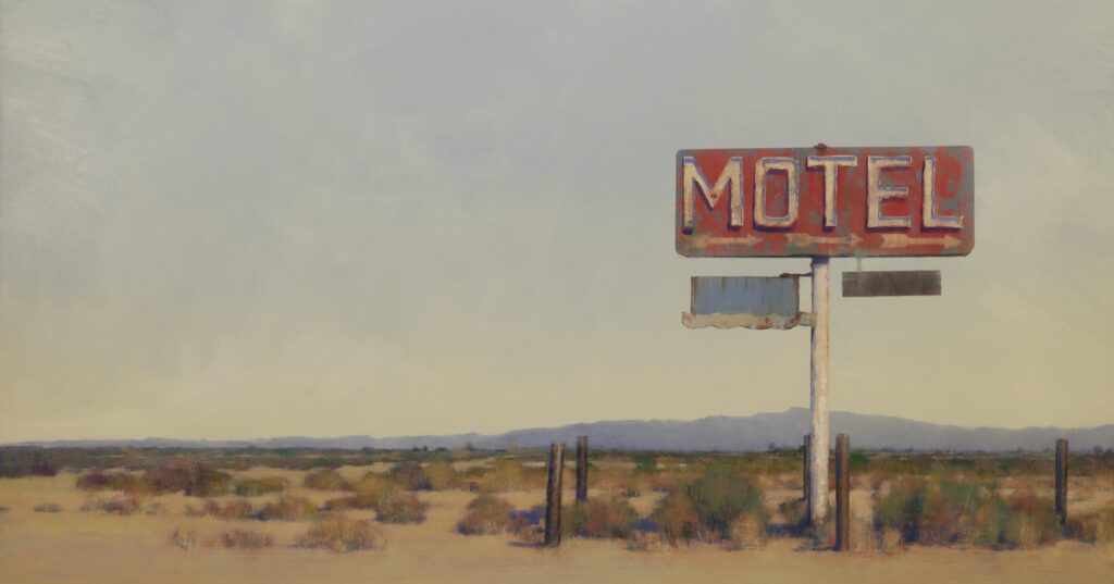 Francis DiFronzo, Mid-Century Ruins, Oil over watercolor and gouache on panel, 25 x 47 inches
