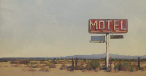 Francis DiFronzo, Mid-Century Ruins, Oil over watercolor and gouache on panel, 25 x 47 inches
