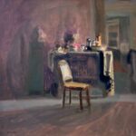 Giovanni Casadei, Interior Still Life with Chair and Drapery, Oil on panel, 14 x 13 ¾ inches