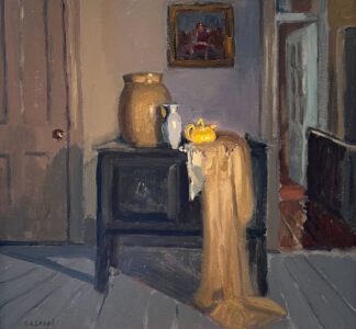Giovanni Casadei, Interior with Water Jug and Tea Pot, Oil on panel, 11 ½ x 12 inches