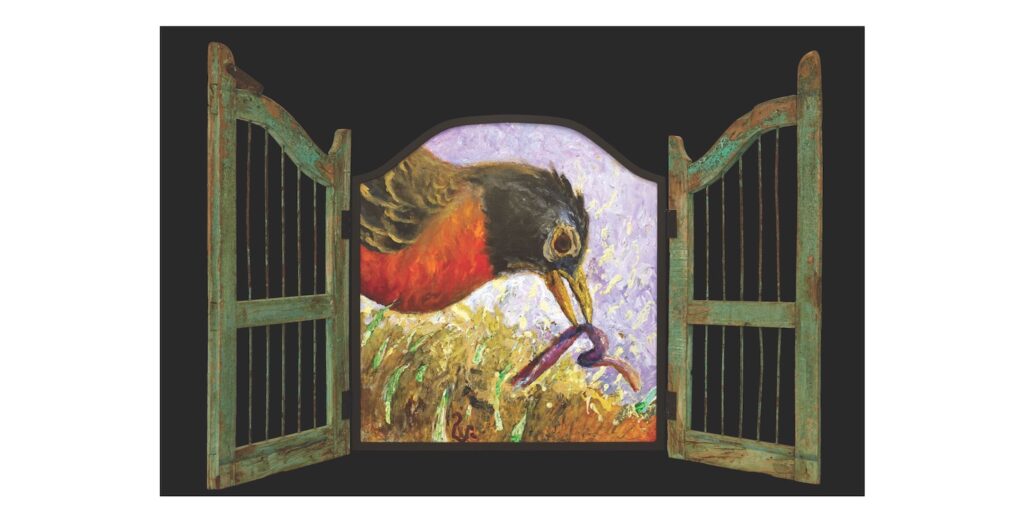 Jamie Wyeth, Gate to Spring, 2023, Acrylic and oil on canvas on honeycomb aluminum support and construction of wood, metal, and hardware, 41 ½ x 34 ½ inches (closed) / 41 ½ x 70 inches (open)