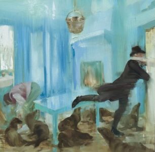 Sarah McRae Morton, Monet's Kitchen Fire, The Skating Preacher, 2024, Oil on panel, 16 x 16 inches - SOLD -