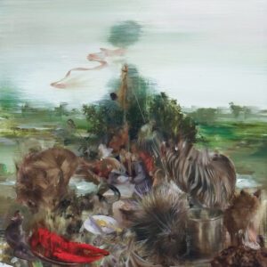 Sarah McRae Morton, Picnic on Fair Banks of the Wayfarer, 2024, Oil on panel, 24 x 24 inches - SOLD -