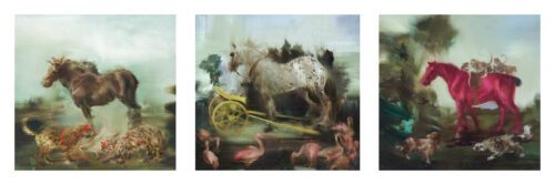 Sarah McRae Morton, Three Stalls, 2024, Oil on panel, 16 x 48 inches - SOLD -