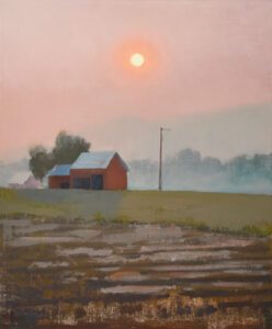 Michael Allen, Blanketing Pennsylvania (Nova Scotia Wildfires), 2024, Oil on Linen Mounted to Panel, 20 x 16 ½ inches
