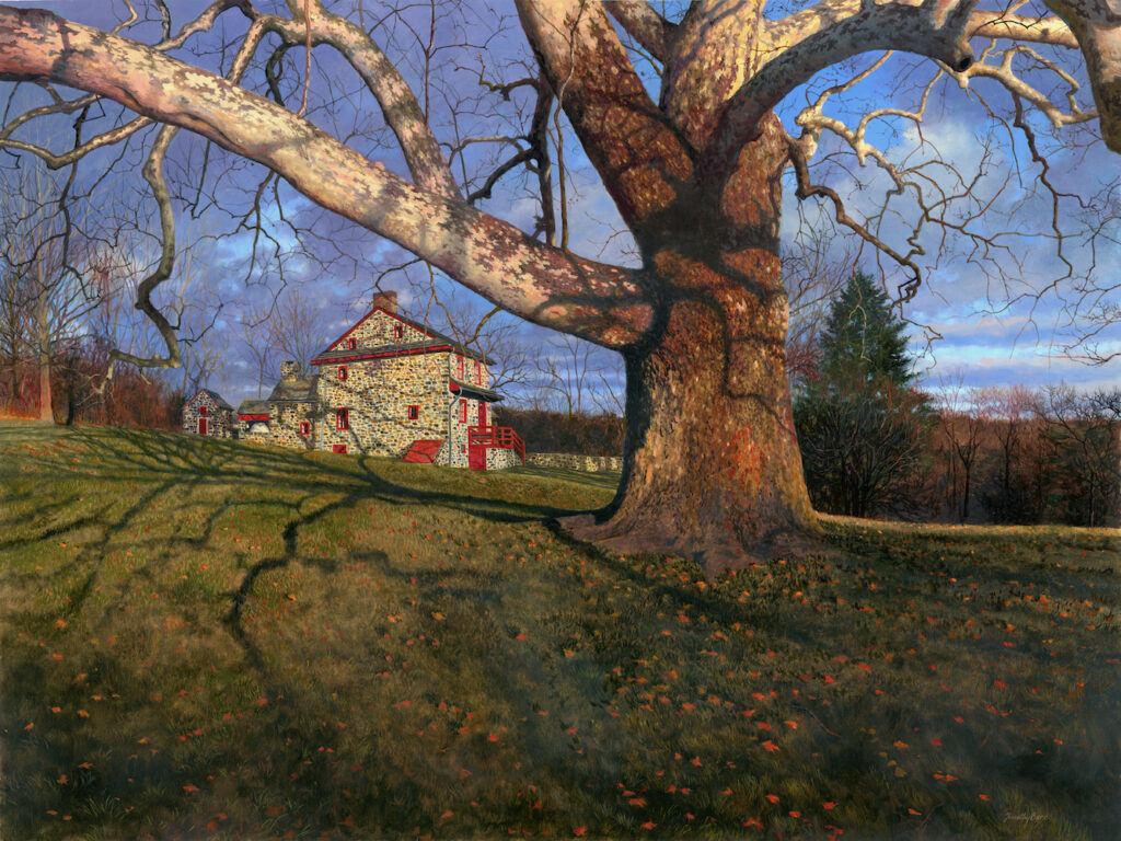 Timothy Barr, Lafayette Sycamore, 2024, Oil on panel, 24 x 32 inches