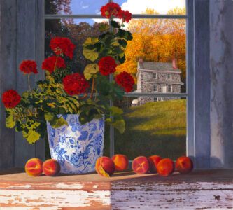Timothy Barr, Peaches and Geraniums, 2024, Oil on panel, 27 x 30 inches - SOLD -