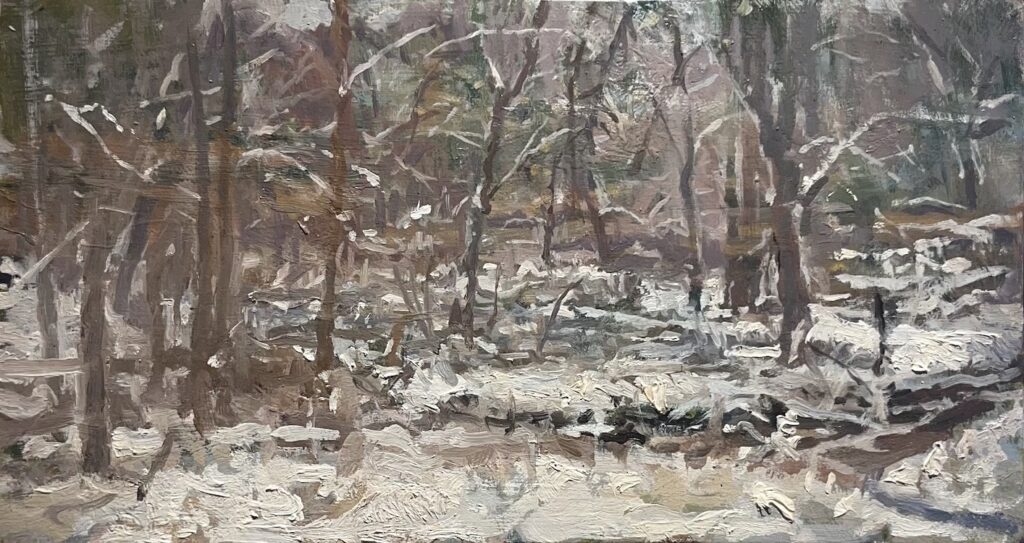 Michael Doyle, Nature's Blanket Against Winters Dark, Oil on board, 6 ½ x 12 inches