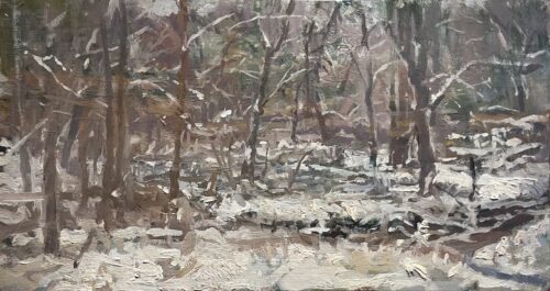 Michael Doyle, Nature's Blanket Against Winters Dark, Oil on board, 6 ½ x 12 inches