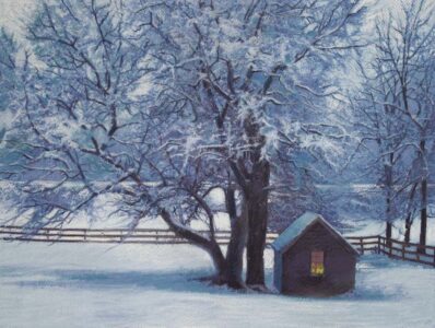 Greg Mort, Cabin Light, 2024, Pastel on Paper, 11 ¾ x 16 inches