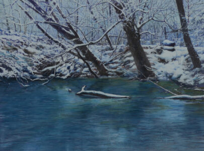 Greg Mort, Snowy Riverbank, 2024, Pastel on Paper, 12 ½ x 16 ½ inches