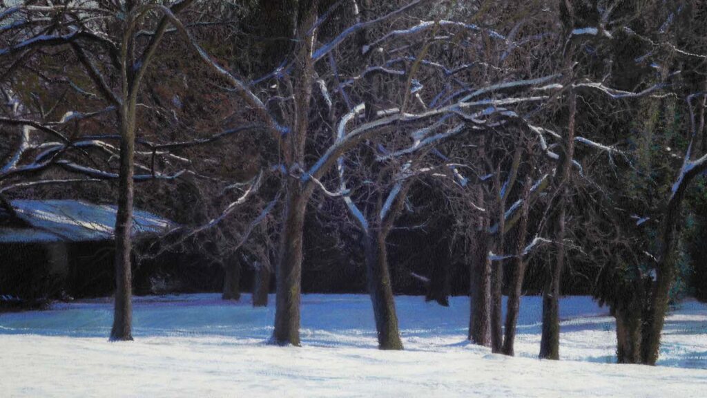 Greg Mort, Snow Covered Limbs, 2024, Pastel on Paper, 9 ¾ x 17 inches