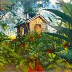 Michael Doyle, Little Studio Through the Garden, 2024, Oil on canvas, 30 x 40 inches