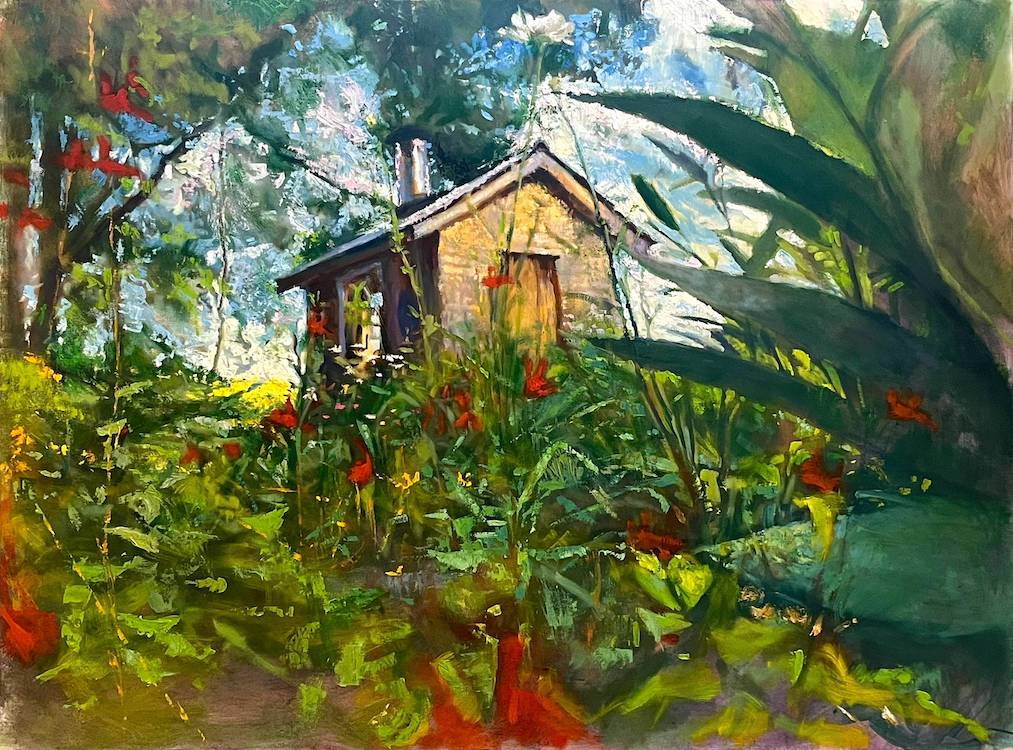 Michael Doyle, Little Studio Through the Garden, 2024, Oil on canvas, 30 x 40 inches