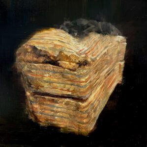 Sarah McRae Morton, For Anu, posted with striped edges, on flax, in plaster and stone, with Love, 2024, Oil on linen, 33 x 33 inches