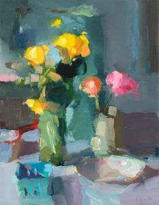 SOLD - Christine Lafuente, Buttercups, Berry Carton, and Bowl, Oil on linen, 18 x 14 inches